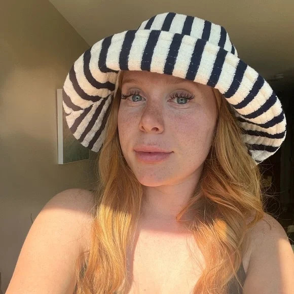 Love & Lore Terry Indigo Navy Blue & Off White Striped Bucket  Hat - Picture 2 of 9